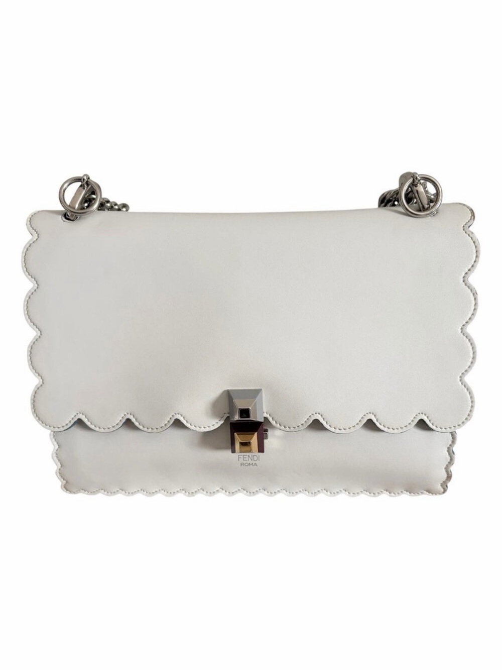 Fendi Kan I Medium White Scalloped Studded Leather Top Handle Crossbody Bag COA